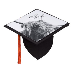 Highland cow portrait initial monogram black white graduation cap topper