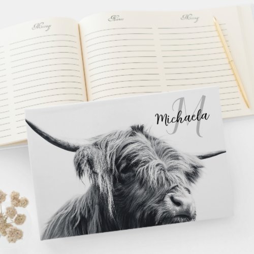 Highland cow portrait initial monogram black white guest book