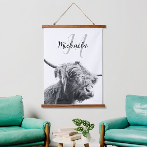 Highland cow portrait initial monogram black white hanging tapestry