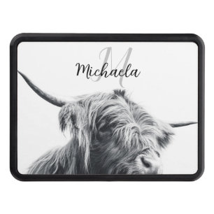 Highland cow portrait initial monogram black white hitch cover