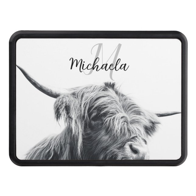 Highland cow portrait initial monogram black white hitch cover (Front)