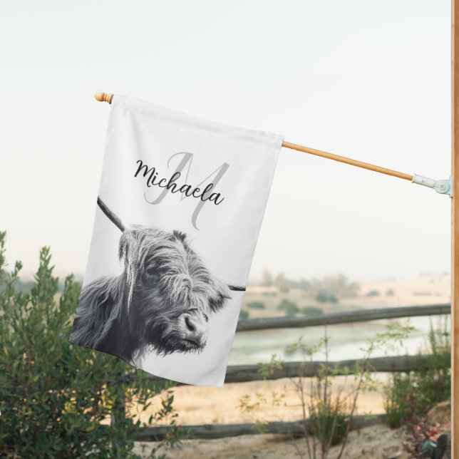 Highland cow portrait initial monogram black white house flag (Insitu (Back))