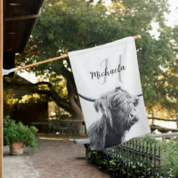 Highland cow portrait initial monogram black white