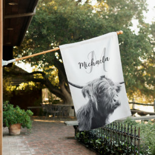 Highland cow portrait initial monogram black white house flag