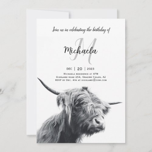 Highland cow portrait initial monogram black white invitation