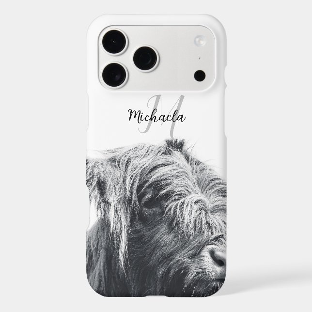 Highland cow portrait initial monogram black white iPhone case (Back)