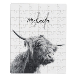 Highland cow portrait initial monogram black white jigsaw puzzle