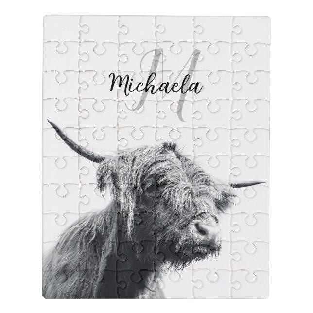 Highland cow portrait initial monogram black white jigsaw puzzle (Puzzle Vertical)
