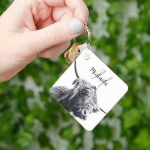 Highland cow portrait initial monogram black white keychain