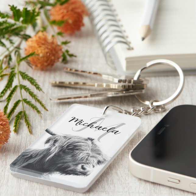 Highland cow portrait initial monogram black white keychain (Front Right)