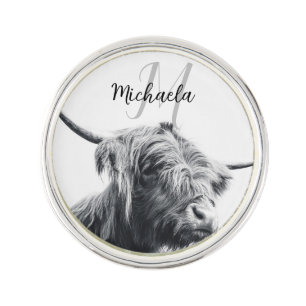 Highland cow portrait initial monogram black white lapel pin