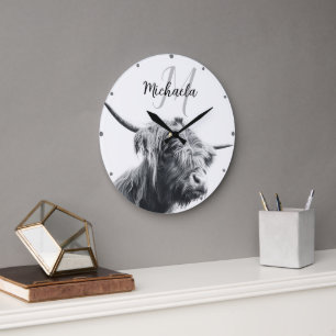 Highland cow portrait initial monogram black white large clock