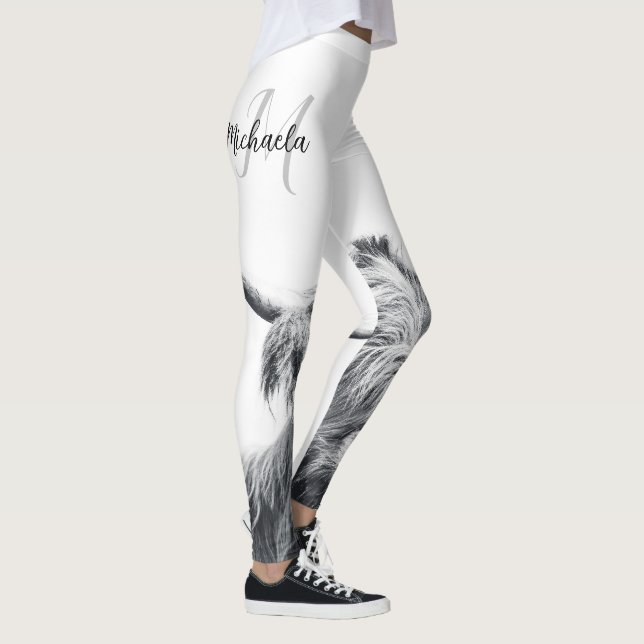 Highland cow portrait initial monogram black white leggings (Right)