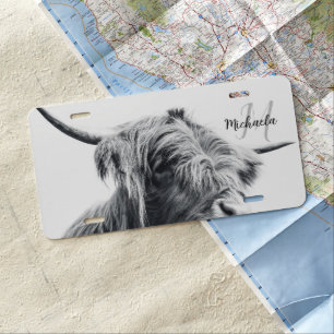 Highland cow portrait initial monogram black white license plate