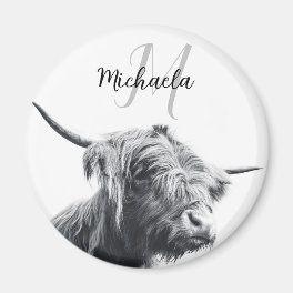 Highland cow portrait initial monogram black white magnet