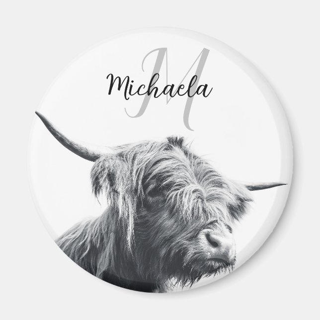 Highland cow portrait initial monogram black white magnet (Front)