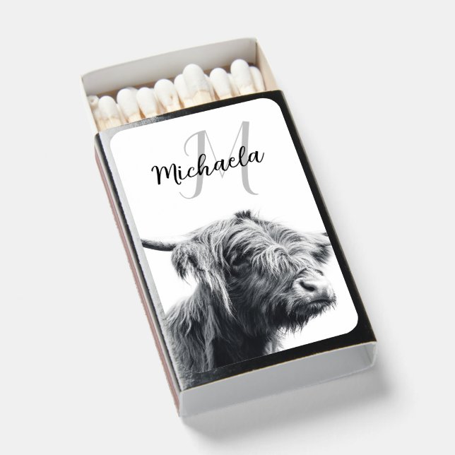 Highland cow portrait initial monogram black white matchboxes (Front Open)