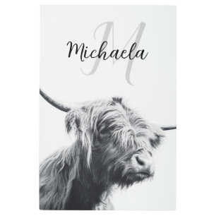 Highland cow portrait initial monogram black white metal print