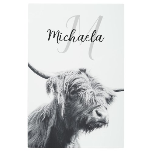 Highland cow portrait initial monogram black white metal print