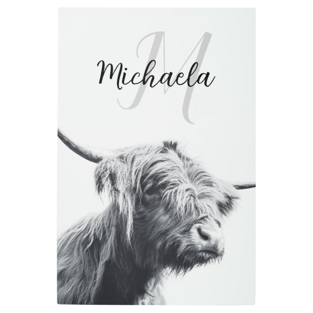 Highland cow portrait initial monogram black white metal print (Front)