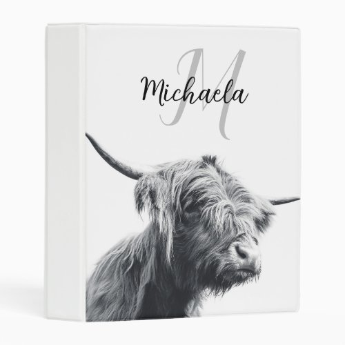 Highland cow portrait initial monogram black white mini binder