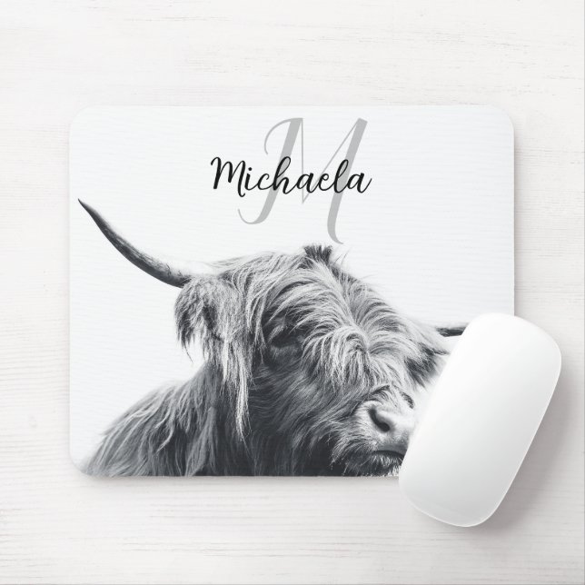 Highland cow portrait initial monogram black white mouse pad (With Mouse)