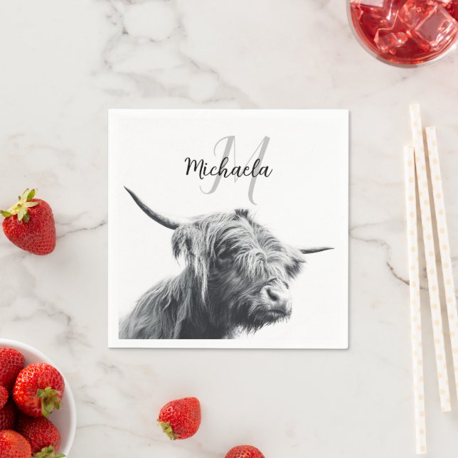 Highland cow portrait initial monogram black white napkins (Insitu)