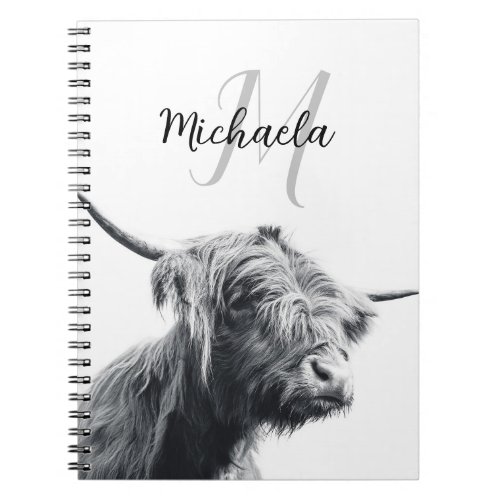 Highland cow portrait initial monogram black white notebook