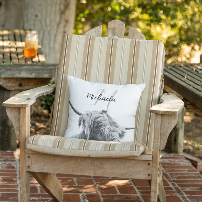 Highland cow portrait initial monogram black white outdoor pillow (Chair)