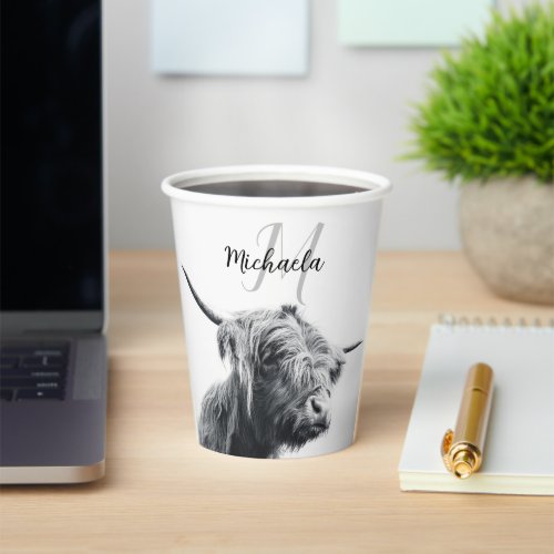 Highland cow portrait initial monogram black white paper cups