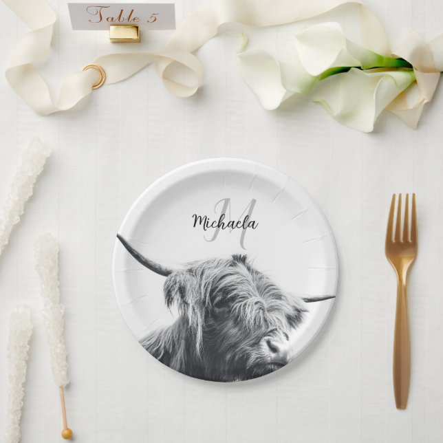 Highland cow portrait initial monogram black white paper plates (Wedding)