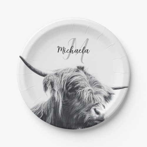 Highland cow portrait initial monogram black white paper plates