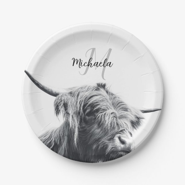 Highland cow portrait initial monogram black white paper plates (Front)