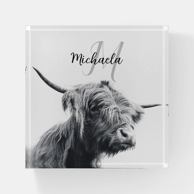 Highland cow portrait initial monogram black white paperweight (Front)