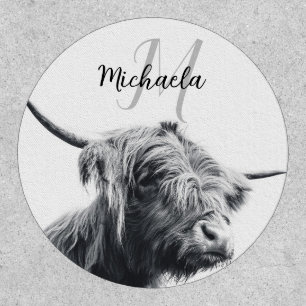 Highland cow portrait initial monogram black white patch