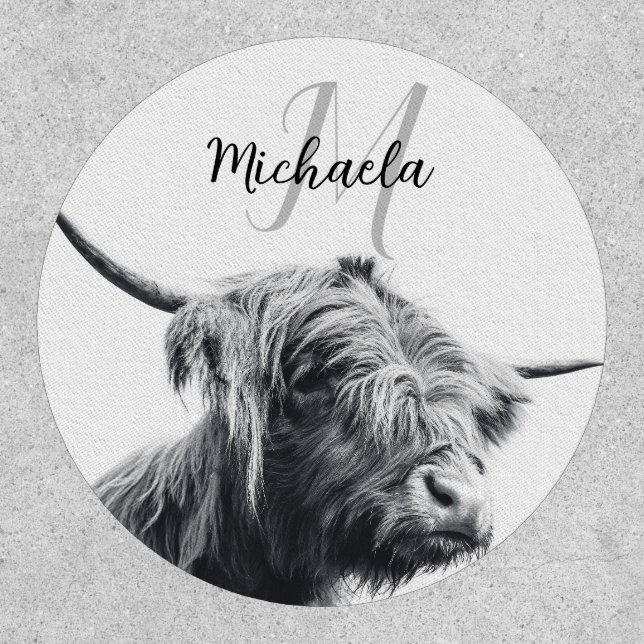 Highland cow portrait initial monogram black white patch (Front)