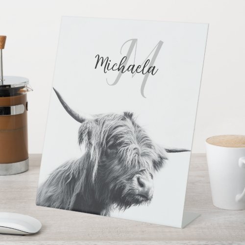 Highland cow portrait initial monogram black white pedestal sign