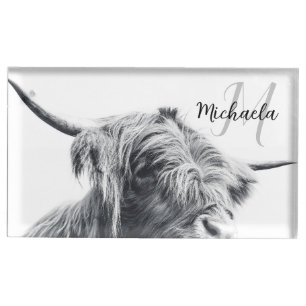 Highland cow portrait initial monogram black white place card holder