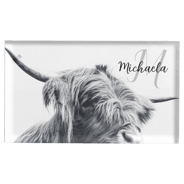 Highland cow portrait initial monogram black white place card holder (Front)