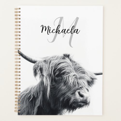 Highland cow portrait initial monogram black white planner