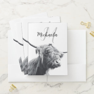 Highland cow portrait initial monogram black white pocket folder