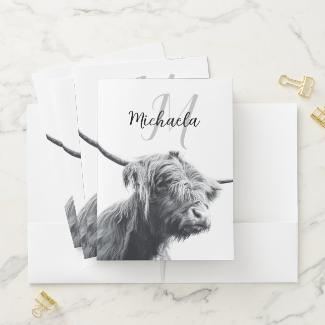Highland cow portrait initial monogram black white pocket folder (In Situ)