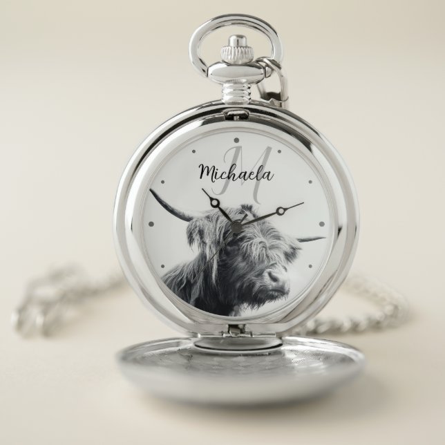 Highland cow portrait initial monogram black white pocket watch (Inside)