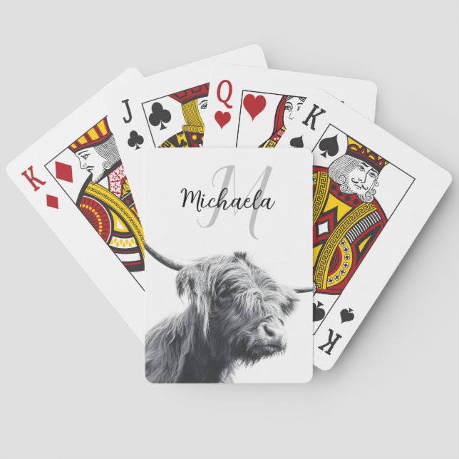 Highland cow portrait initial monogram black white poker cards (Back)