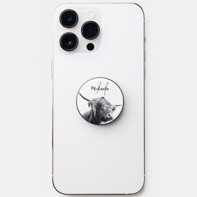 Highland cow portrait initial monogram black white PopSocket (Front)
