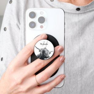 Highland cow portrait initial monogram black white PopSocket