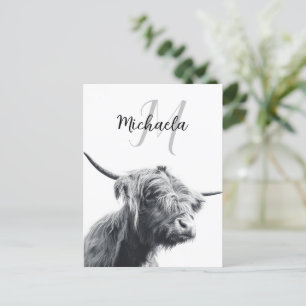Highland cow portrait initial monogram black white postcard