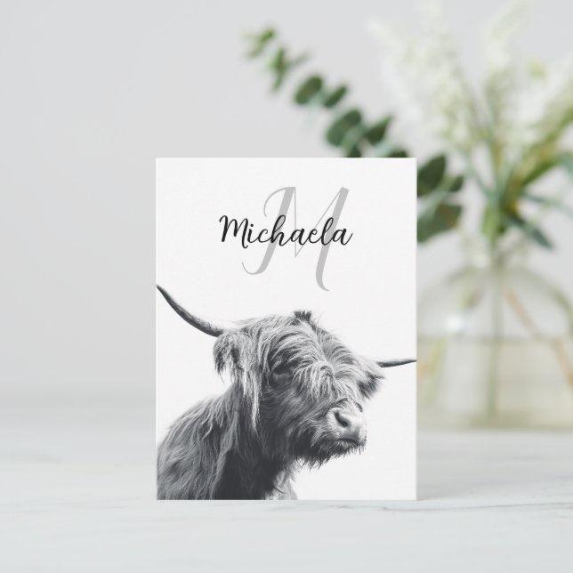 Highland cow portrait initial monogram black white postcard (Standing Front)