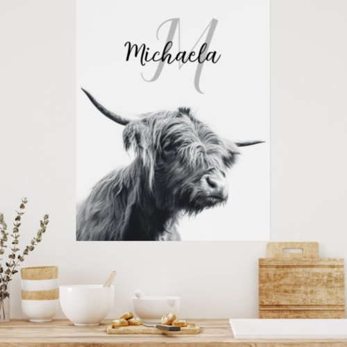 Highland cow portrait initial monogram black white poster