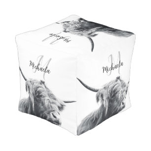 Highland cow portrait initial monogram black white pouf